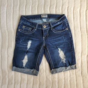 Mudd Womens Low Rise Distressed Denim Shorts Thick Stitch - Dark Wash